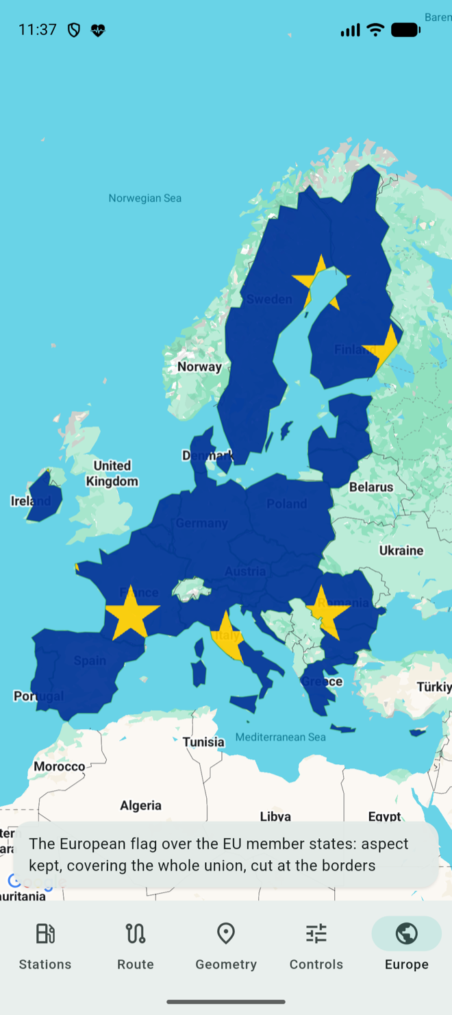 The European flag draped over the EU member states, on Google Maps
