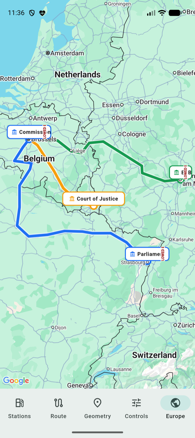 Routes between the EU institutions, on Google Maps