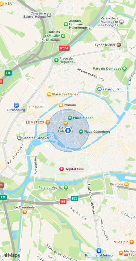 CircleLayer (ios): Someone in Strasbourg: the accuracy circle grows and shrinks with the GPS precision.