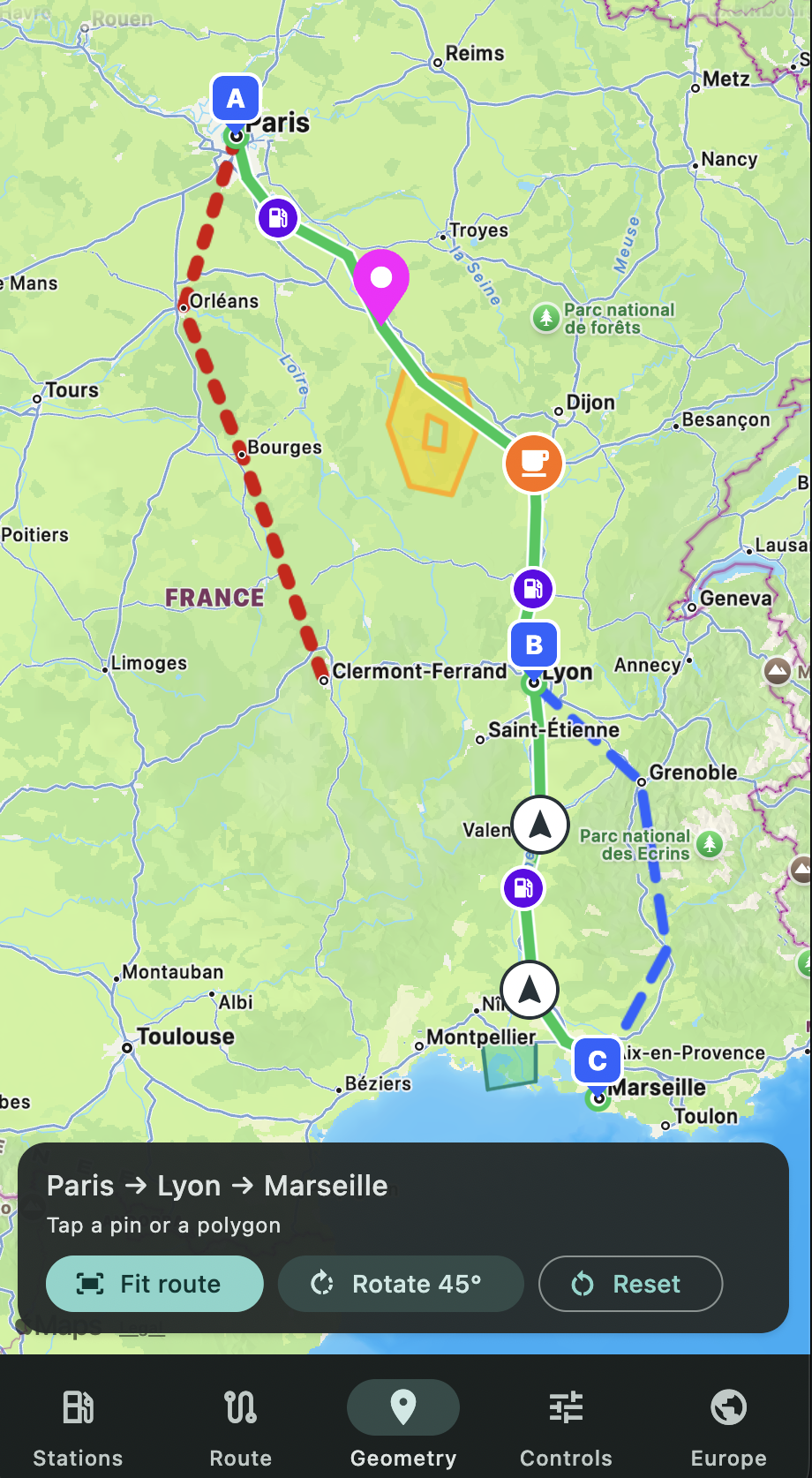 flutter_unified_map example app on macOS: Apple MapKit renders a route from Paris to Lyon to Marseille, with tap targets and the example app's control bar.