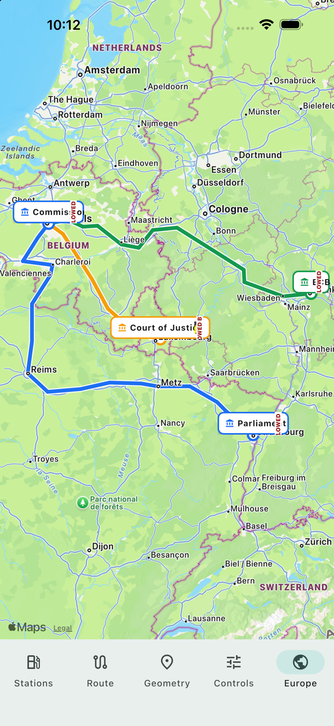 PolylineLayer (ios): The EU institutions as a GPS star: Commission to Parliament, Court of Justice and ECB.